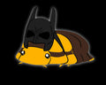 Cartoon isopod wearing a Batman mask on a black background