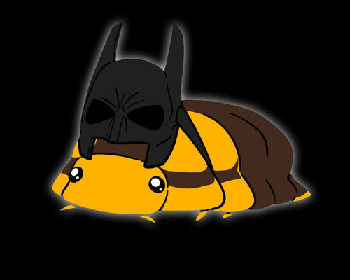 Cartoon isopod wearing a Batman mask on a black background