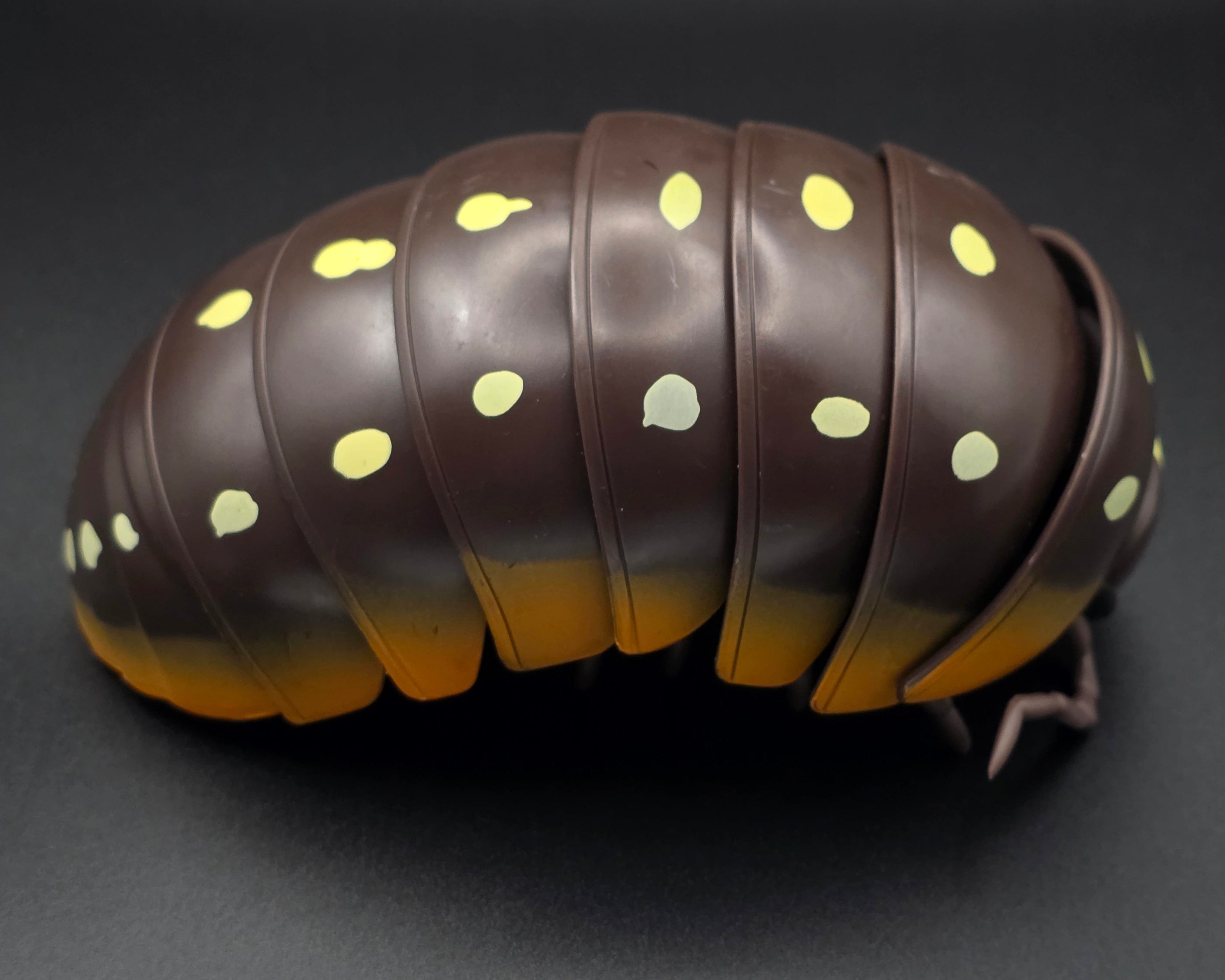Brown segmented creature with yellow spots on a dark background