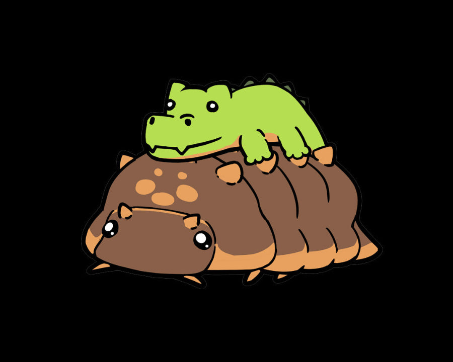 Cartoon crocodillio isopod with a crodile stuffed animal on top 