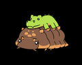 Cartoon crocodillio isopod with a crodile stuffed animal on top 