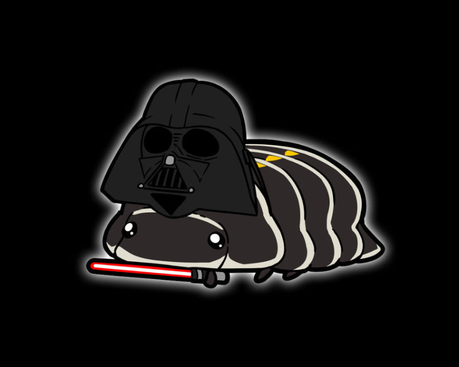An illustration of a darth vader isopod with a lightsaber wearing a darth vader mask