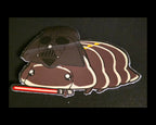 Cartoon darth vader isopod wearing a Darth Vader helmet with a lightsaber on a black background