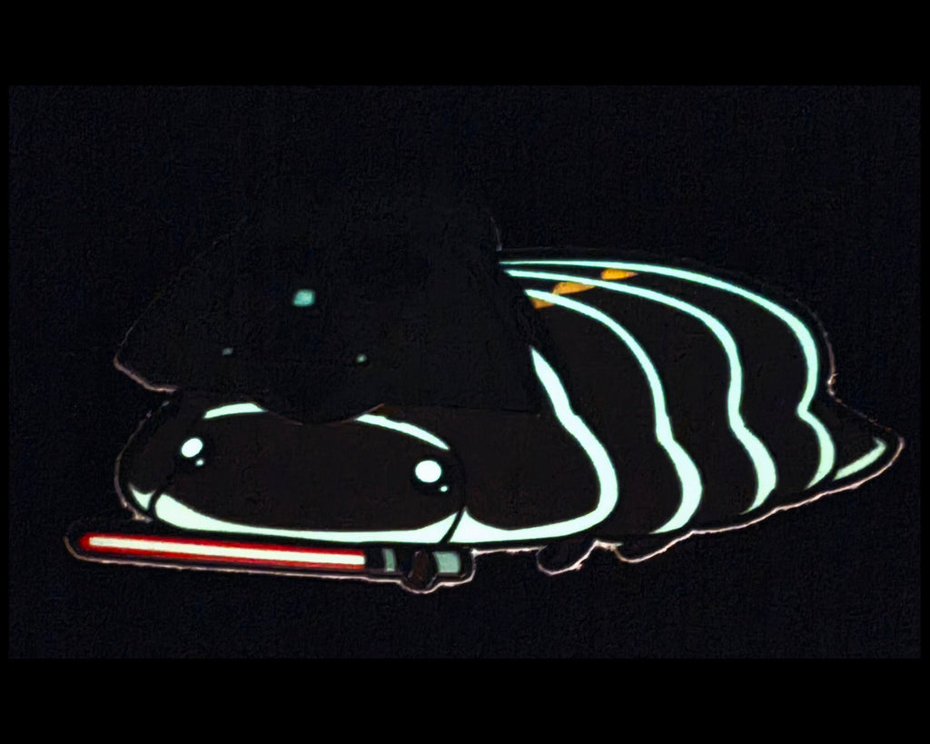 Cartoon glow in the dark darth vader isopod wearing a Darth Vader helmet with a lightsaber on a black background