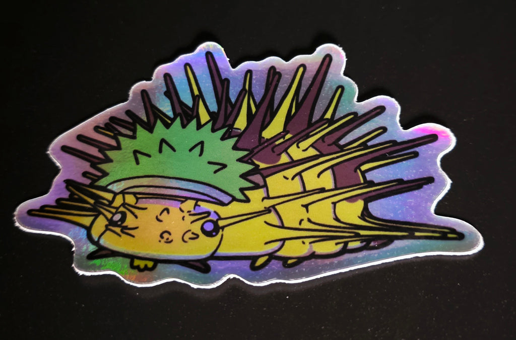 Holographic illustrated durian isopod sticker on a black background