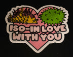 A sticker of a durian and a durian isopod in a heart with 'ISO-IN LOVE WITH YOU' text on a black background