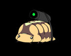 Cartoon green laser isopod with a green laser strapped to its back