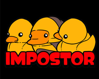 Three yellow rubber ducks with a brown duck in the middle, labeled 'Impostor' on a black background.