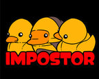Three yellow rubber ducks with a brown duck in the middle, labeled 'Impostor' on a black background.