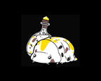 Cartoon bottle and shell with yellow and brown spots on a black background