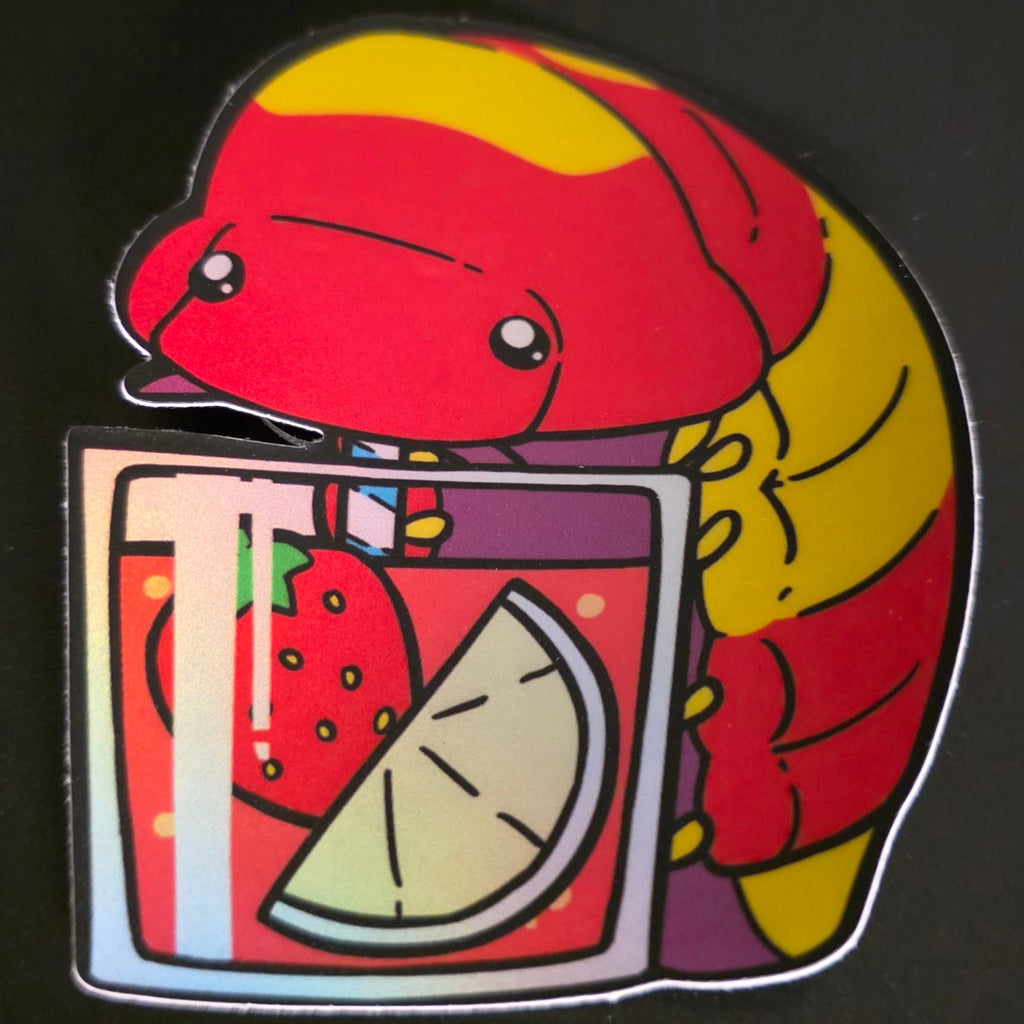 Illustration of a strawberry lemonda isopod holding a strawberry lemonade drink