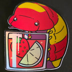 Illustration of a strawberry lemonda isopod holding a strawberry lemonade drink